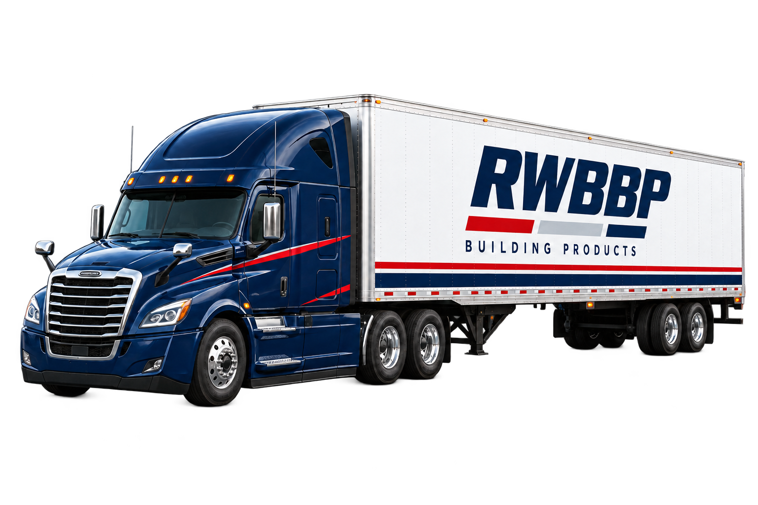 3D rendering of a navy semi truck with a white trailer displaying the RWBBP Building Products logo